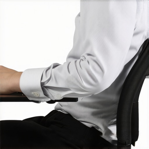 Correct Ergonomic Armrest Height Side view of proper 90-degree elbow angle and relaxed shoulder posture in an office chair.