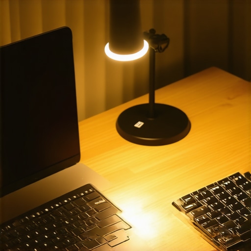 Cozy evening workspace with warm lighting Warm amber desk lighting for an evening home office setup