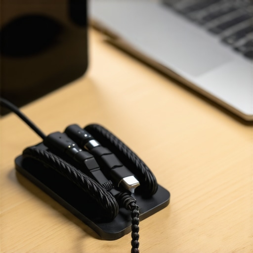Weighted magnetic cable organizer on a modern desk.