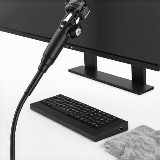 Desk Maintenance and Cleaning Routine Cleaning a minimalist desk setup with computer monitors and USB-C dock