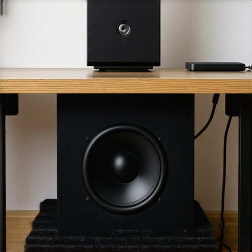 Desktop Subwoofer with Acoustic Isolation Pad A compact subwoofer decoupled from the floor using a high-density foam isolation pad under a stylish desk setup.