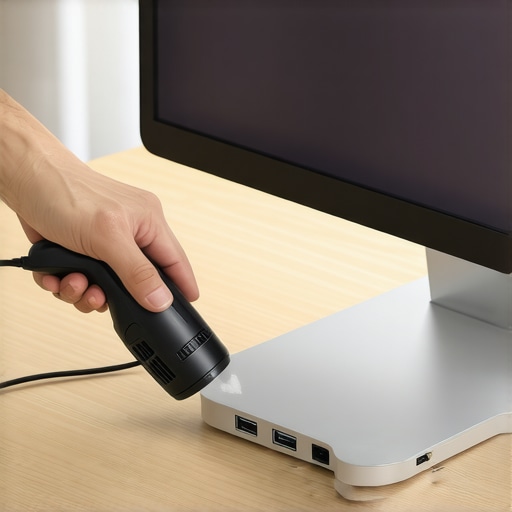 Desktop Tech Maintenance Tools Cleaning a USB-C dock and monitor ports with an electric duster