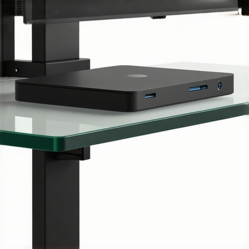 Effective Airflow for Desk Accessories Close-up of a USB-C dock on a glass desk with a visible air gap for cooling.