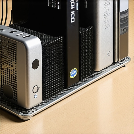 Several external hard drives arranged vertically in a metal wire rack to maximize airflow and reduce heat.