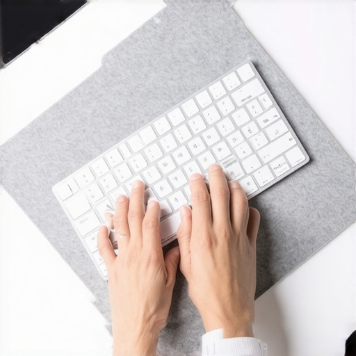 A demonstration of the hovercraft technique where wrists glide over a felt desk mat for better ergonomic health.