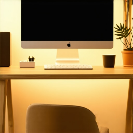 Ergonomic Monitor Setup and Wooden Riser A modern desk setup showing a computer monitor on a wooden riser with warm lighting