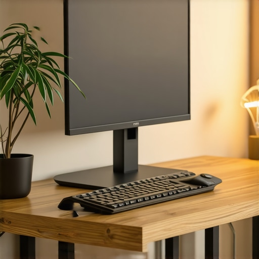 Ergonomic Monitor and Accessory Placement A side view of a perfectly aligned ergonomic desk setup showing an elevated monitor, wooden desk, and sleek desk accessories.