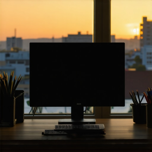 Ergonomic Monitor and Lighting Placement An ergonomic desk setup showing a monitor positioned parallel to a window with clean desk lighting.