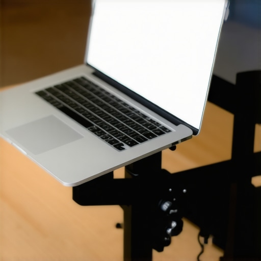 Laptop mounted on a monitor arm to save desk space