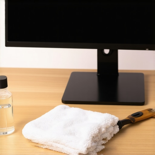 Essential Desk Cleaning and Maintenance Tools Professional cleaning kit for computer monitors and office accessories on a desk