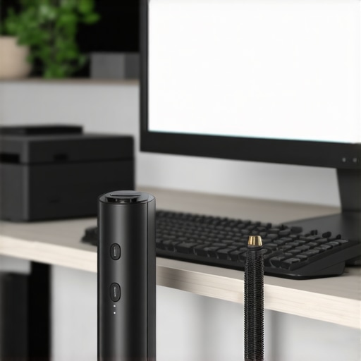 Essential Desk Maintenance Tools A person using an electric air duster and microfiber cloth to maintain an organized desk setup with a monitor and USB-C dock.