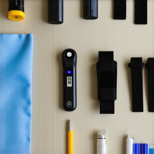 A collection of tools for maintaining a computer monitor and cable management setup.