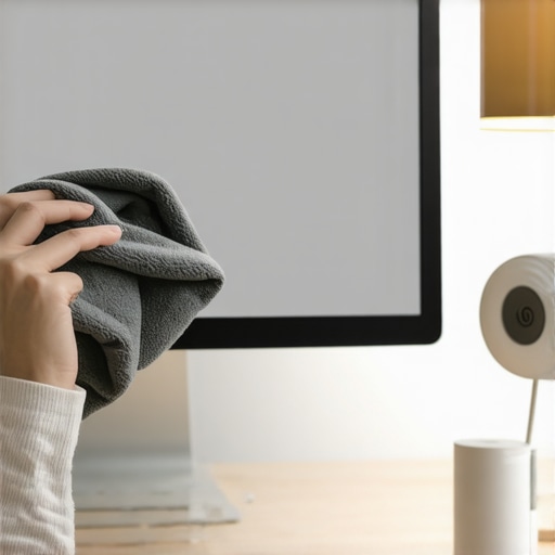 Essential Monitor Cleaning and Maintenance Tools Person cleaning a high-end computer monitor with a microfiber cloth and tech tools nearby.