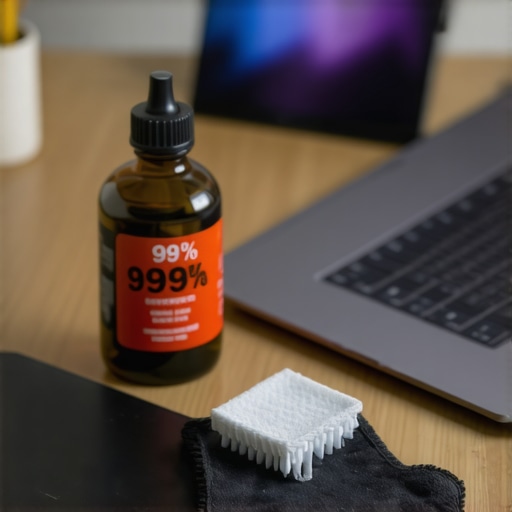 High-quality cleaning tools for maintaining USB-C docks and monitors on a workspace.