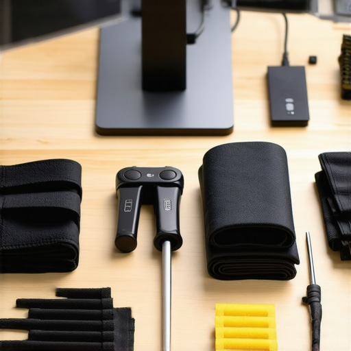 A collection of maintenance tools including a torque driver and microfiber cloths for office tech upkeep.