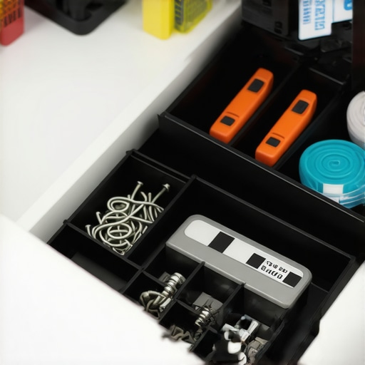 Essential Workspace Maintenance Tools A drawer organized with a label maker and cable management tools for a professional office setup.