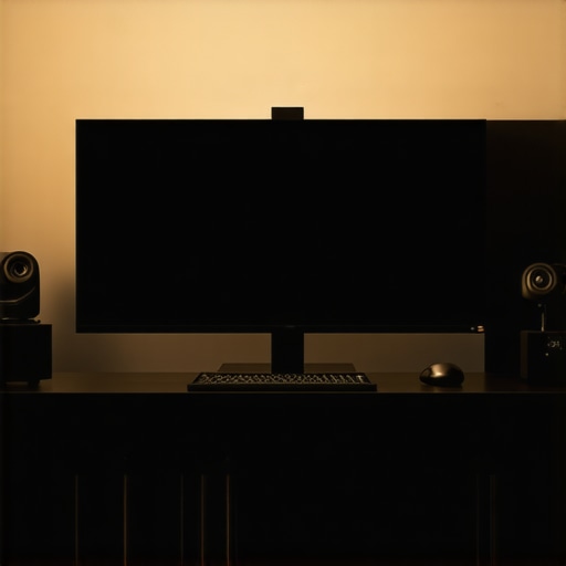 Expert Bias Lighting for Reduced Eye Strain Close up of a monitor with warm bias lighting behind it to reduce eye fatigue in a dark office.