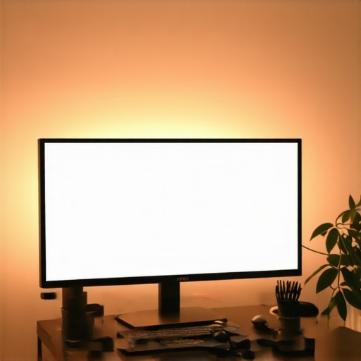 A vertical monitor setup using bias lighting to reduce ghosting and eye strain.