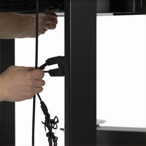 Close-up of string and weight method for internal desk cable management.