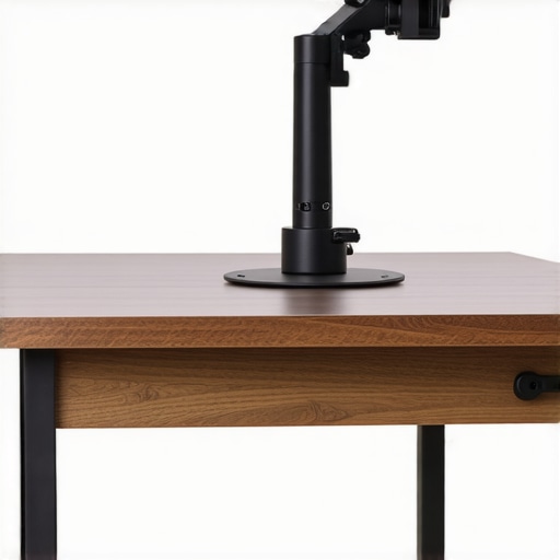 Close up of a monitor arm clamp with reinforcement plate on a wooden desk