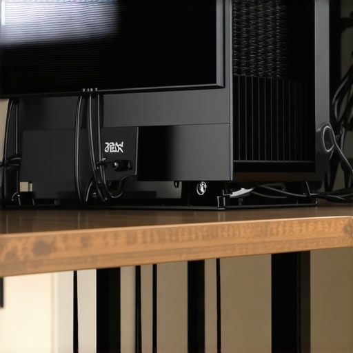 Heavy-Duty Under-Desk PC Mount Installation Close-up of a steel PC mount securely bolted under a wooden desk with tidy cable management.