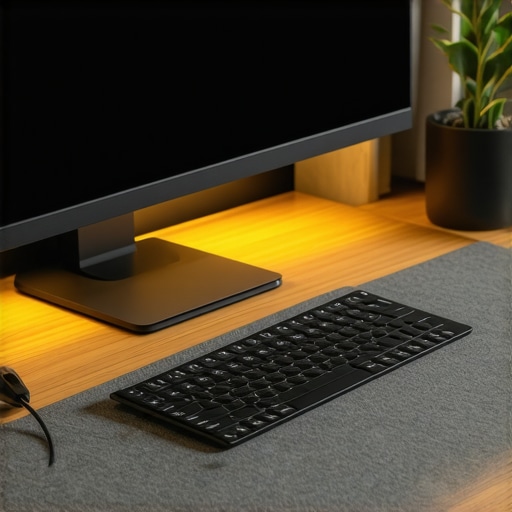 A professional minimalist desk setup showing a clean surface with hidden cable management and a USB-C dock mounted underneath.