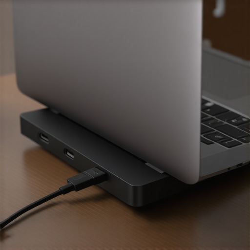 A neatly mounted USB-C dock under a laptop stand with clean cable routing on a modern workspace.