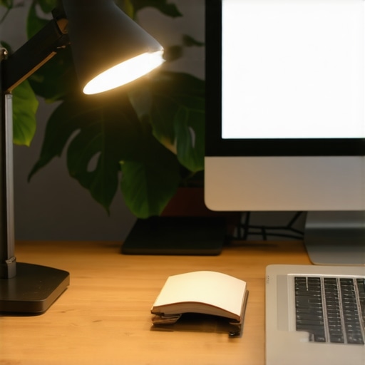Close up of a high-CRI task lamp illuminating a desk surface without monitor glare.