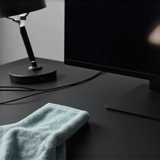 Close up of cleaning a computer monitor and organizing a professional desk setup with a USB-C dock