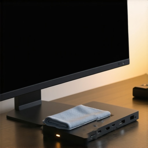 A person cleaning a high-end computer monitor next to a professional USB-C dock
