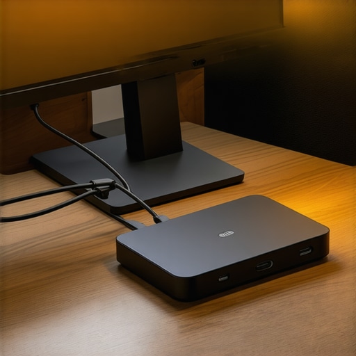 Close-up of a USB-C dock and balanced desk lighting setup.