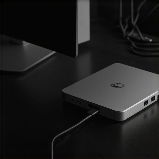 Close up of a professional USB-C dock with multiple cables for a triple monitor setup