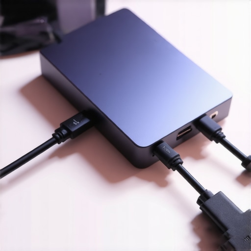 Close-up of a premium USB-C dock with multiple cables connected on a wooden desk with ambient lighting.
