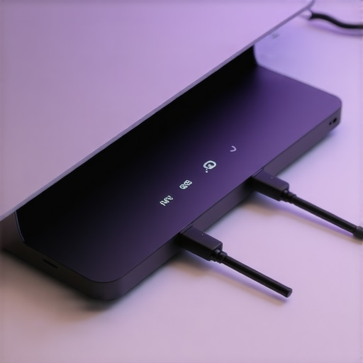 A close-up of a professional desk setup featuring a USB-C dock and organized cables under warm lighting.