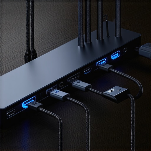 High-End USB-C Docking Station Setup A close-up of a well-organized USB-C docking station on a modern desk.