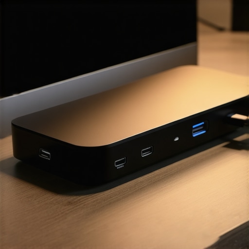 High-End USB-C Docking Station with Multiple Connections A close-up view of a high-end USB-C dock showing various cables and professional desk lighting.