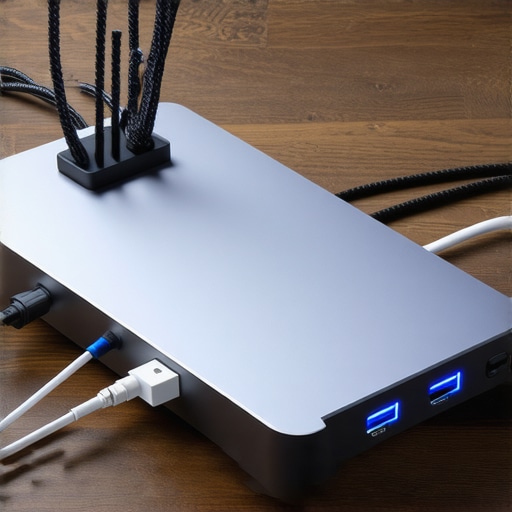 High-Performance USB-C Dock Setup Close-up of a premium USB-C dock with braided cables on a wooden desk