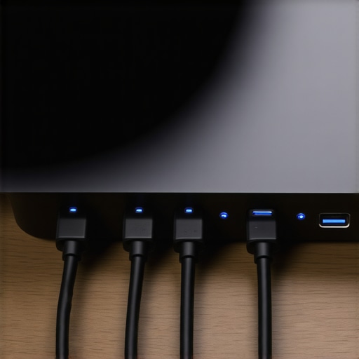 High-Performance USB-C Dock Setup Close-up of a professional USB-C docking station with multiple cables connected on a clean desk.