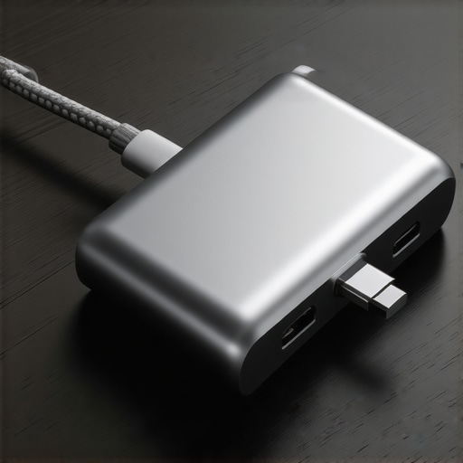 High-Performance USB-C Dock Setup A close-up of a premium USB-C dock with braided cables for a high-end office setup.
