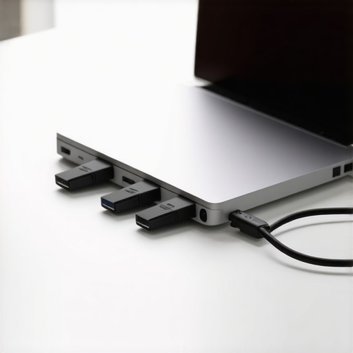 A close-up of a USB-C dock with multiple cables connected on a modern office desk.
