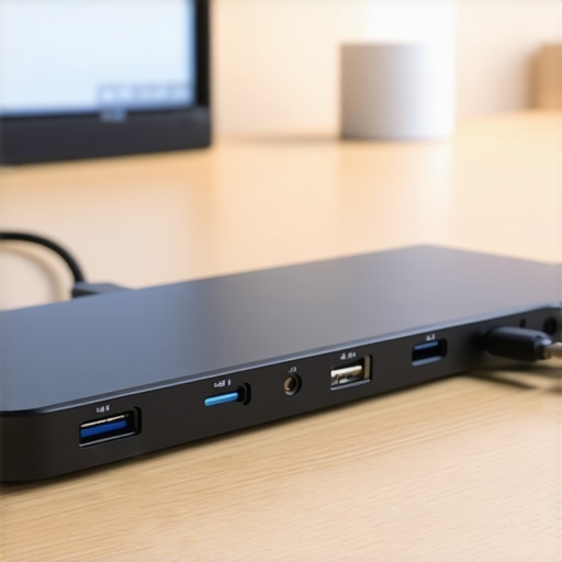 High-Performance USB-C Dock and Cable Management An aluminum USB-C docking station with several cables connected on a wooden desk.
