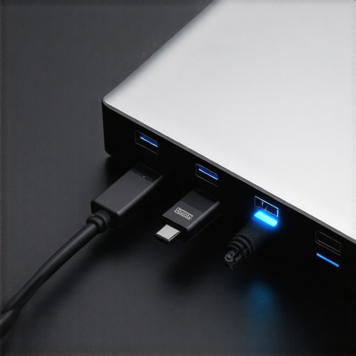 A sleek aluminum USB-C hub with multiple cables connected on a clean desk.