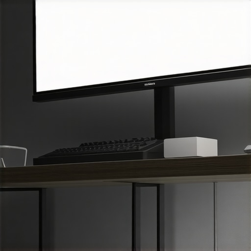 Close up of a USB-C dock with dual monitor cables and ambient bias lighting behind a large screen.
