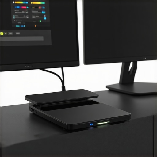 High-Performance USB-C Dock and Monitor Connectivity Close-up of a professional desk setup with USB-C dock and dual monitors.