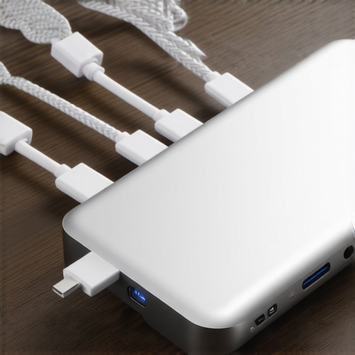 A professional USB-C docking station showing premium cable connections and thermal management on a modern desk.