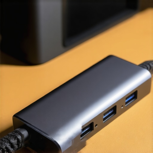 High-Performance USB-C Docking Station Detail Close up of a professional USB-C dock with multiple cables and heat vents on a clean desk