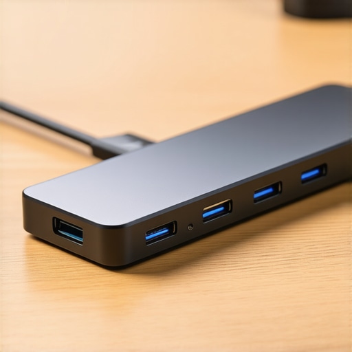 High Quality Powered USB C Hub for Desk Setup A premium powered USB C docking station on a clean wooden desk with multiple cables connected.