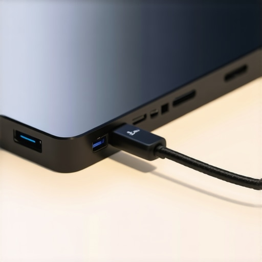 High-Quality Thunderbolt 4 Connectivity Close-up of a Thunderbolt 4 cable plugged into a professional USB-C dock on a modern desk