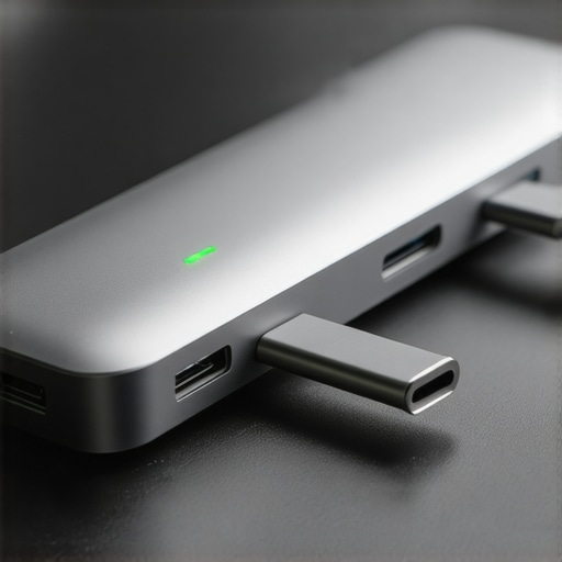 High-Quality USB-C Dock Setup An aluminum USB-C docking station on a desk managing multiple peripheral connections.