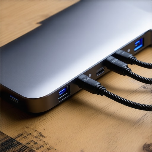 High-Quality USB-C Docking Station Setup A professional USB-C docking station with various cables connected on a wooden desk surface.